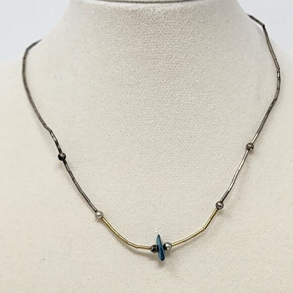 Sterling Silver Gold Two Tone Antique Vintage Genuine Raw Turquoise Necklace - Picture 1 of 7